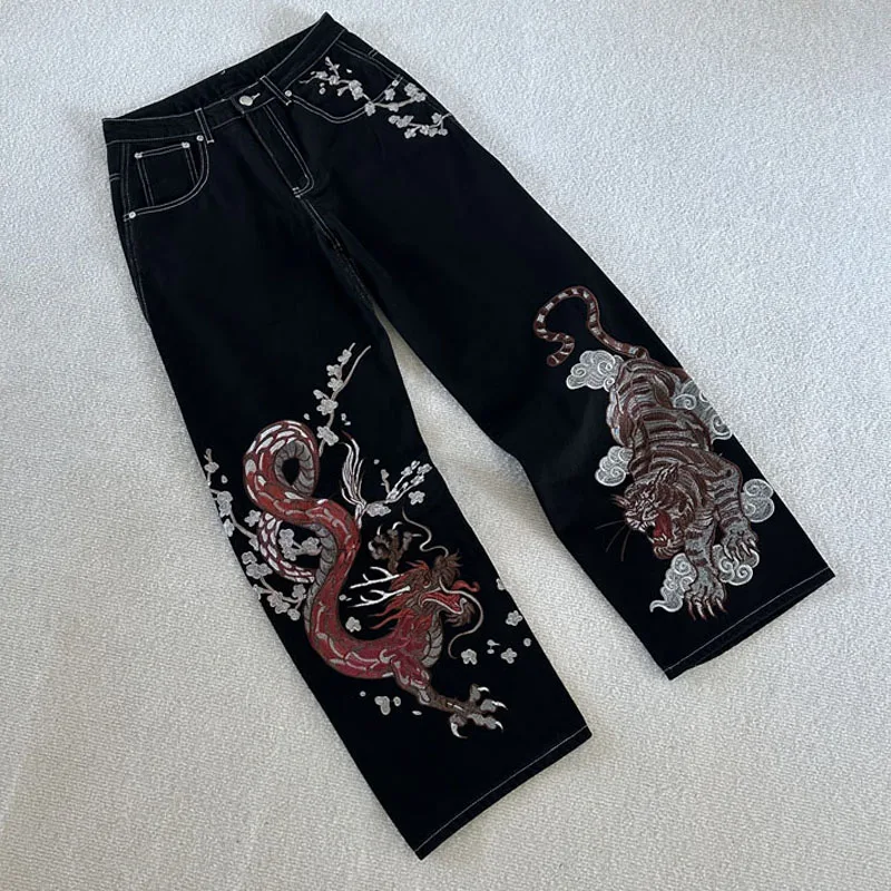 Men Women Black Wide Leg Jeans Heavy Dragon Tiger Cloud Plum Blossom Embroidery High Waist Loose Straight Derschutze Denim Pants