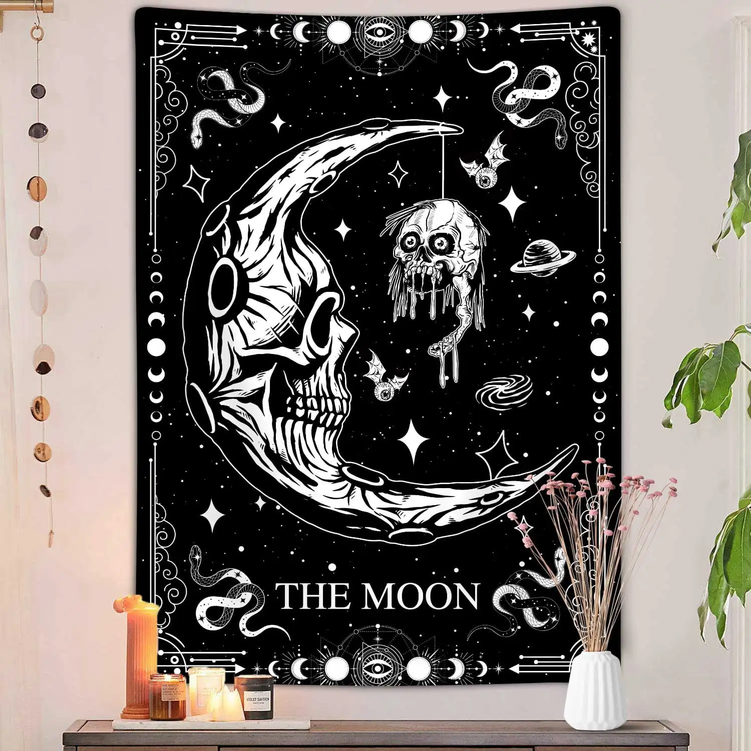 Gothic Tarot Moon Tapestries Trippy Witchy Black and White Skull Snake Tapestry Wall Hanging for Bedroom Mystic Butterfly Cloth