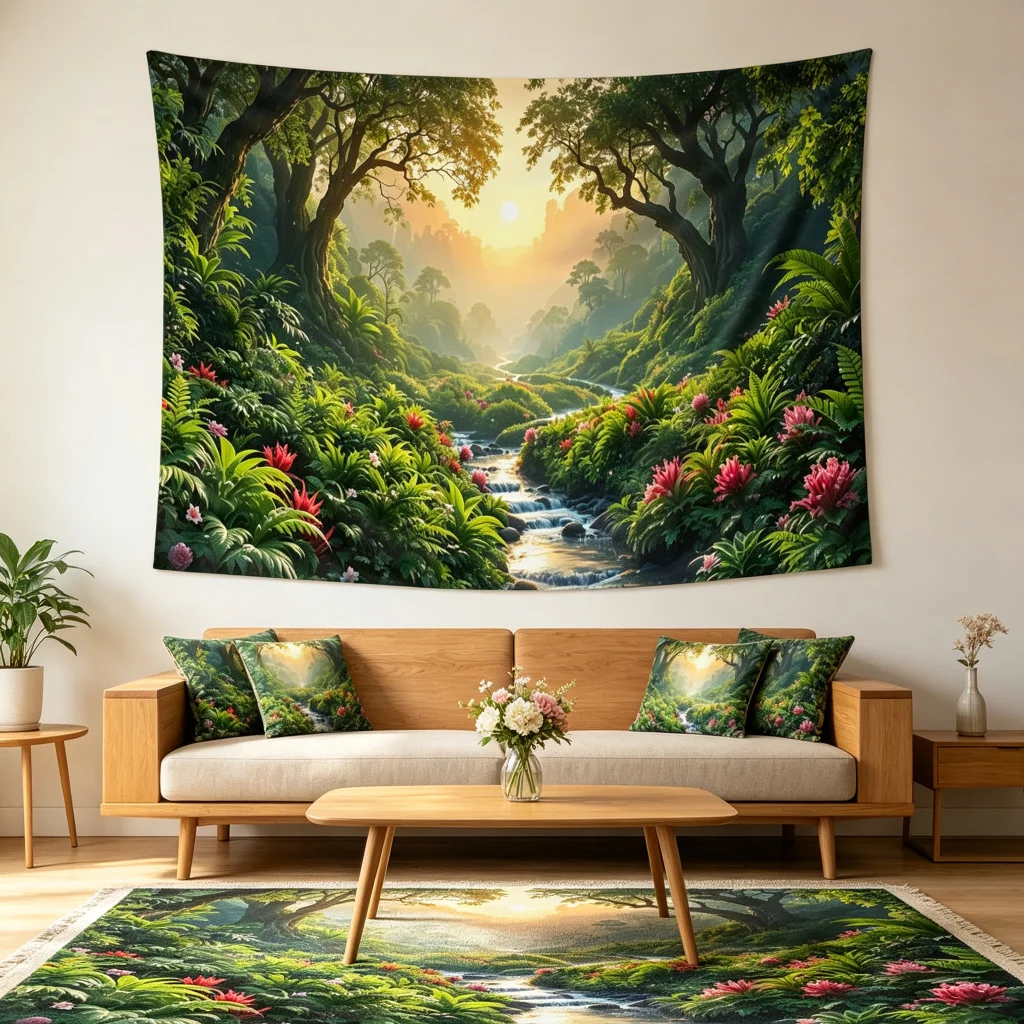1PC Forest Sunrise River Floral View Print Backdrop Banner, Bedroom Living Room Photo Background, Polyester, Home Decor, Wall Ar