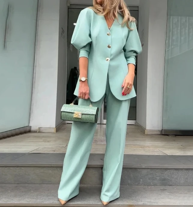 

Women Elegant Style Pants Set 2024 Early Spring Latest Solid Color Lantern Sleeves Loose Buttons Suit Temperament Commuting Set