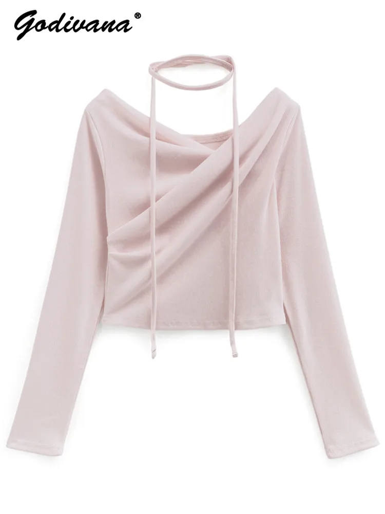 Nuovo autunno femminile dolce irregolare croce con lacci scollo a V corto lavorato a maglia top tinta unita maglieria sottile da donna a maniche lunghe