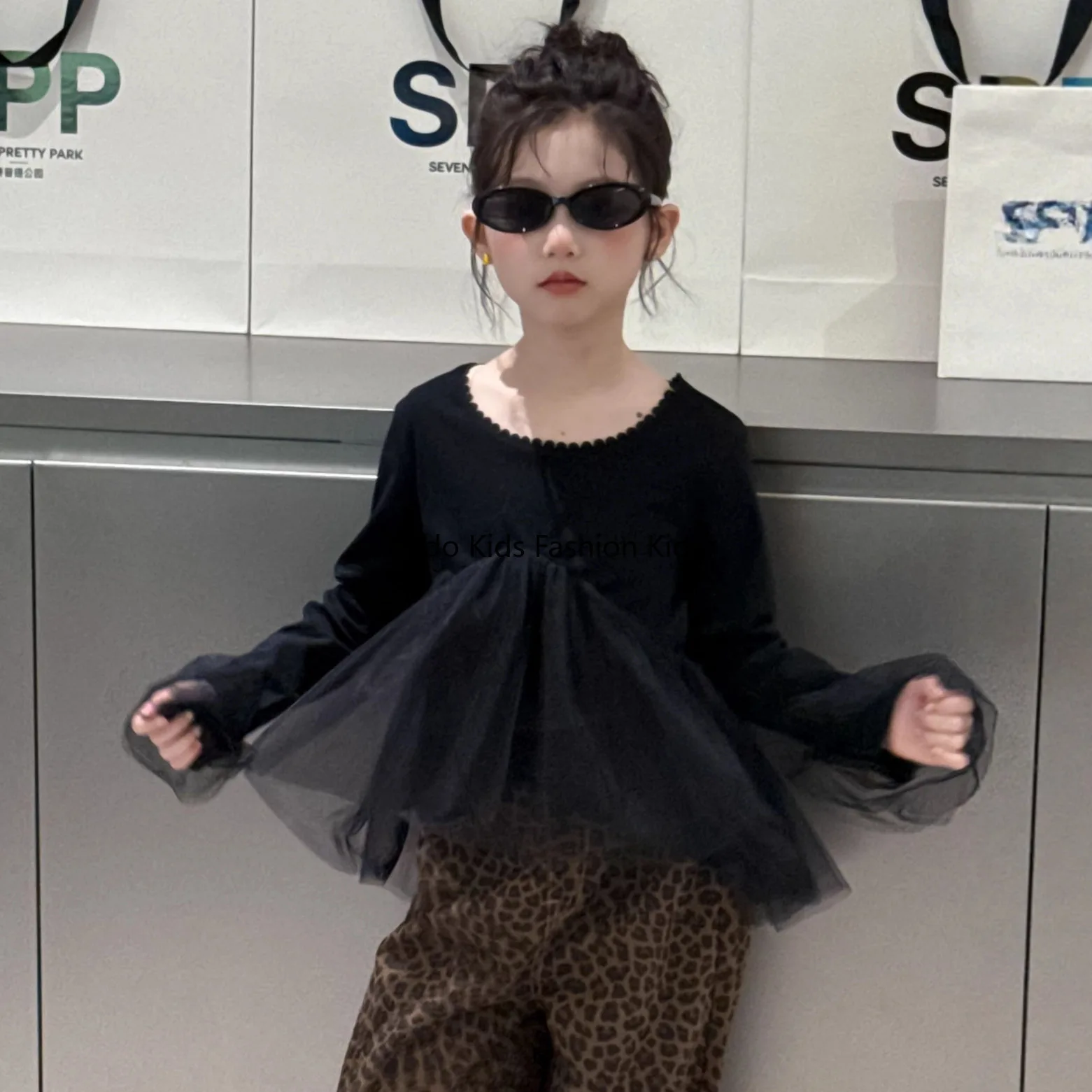 Children's T-shirt  autumn girls design sense organza splicing long-sleeved t-shirt female treasure tide Fan bottoming shirt