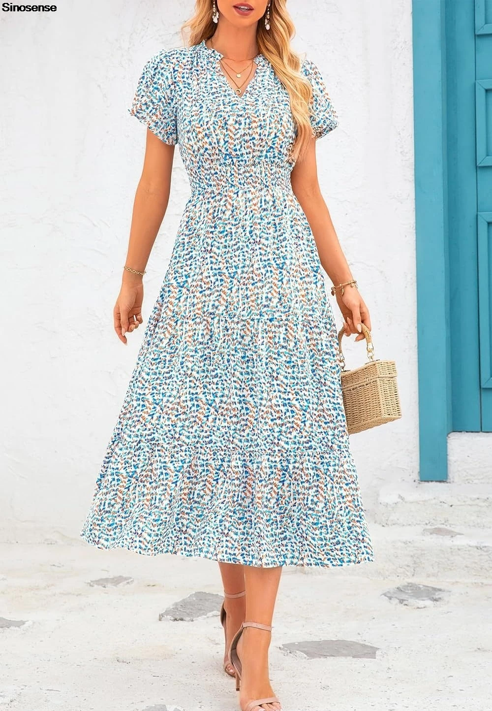 Frauen Blumen Sommer Maxi kleid sexy V-Ausschnitt Puff Kurzarm Smocked Rüschen Flowy Casual Sommer Strand Boho Urlaub langes Kleid