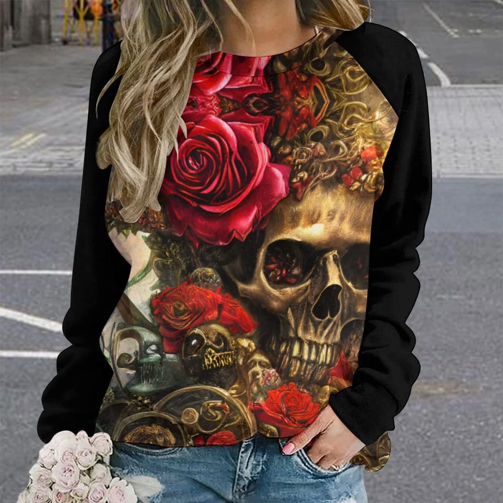 

2025 New Women Halloween Crow Printed Casual Sweat shirt Round Neck Casual Basic Loose Leisure Fashion Women Designer Style tops