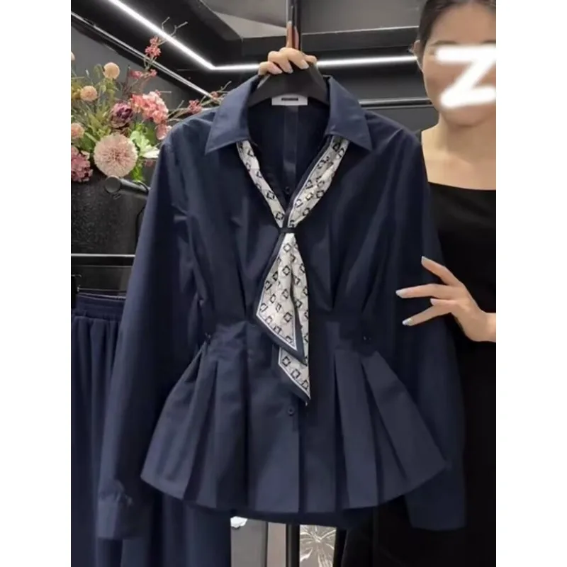 2025 Autumn Scarf Streamer Long-sleeved Shirt for Women New Style Waist-hugging Top