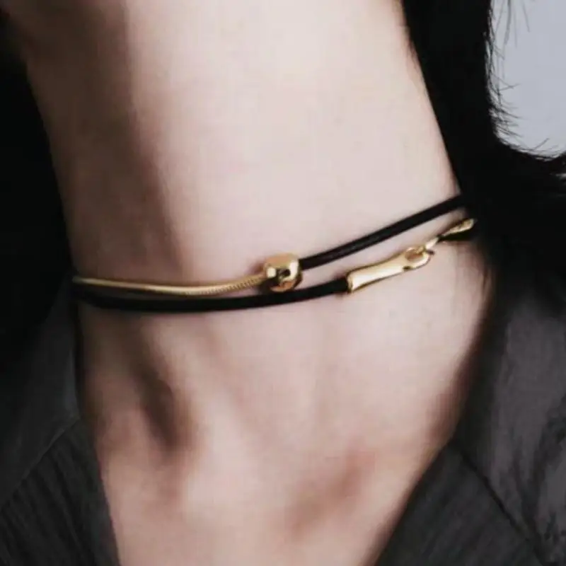 Unisex Leather Wrapped Metal Link Necklace Classic Timeless Design 18 Inch Length for Daily Outfit Gift