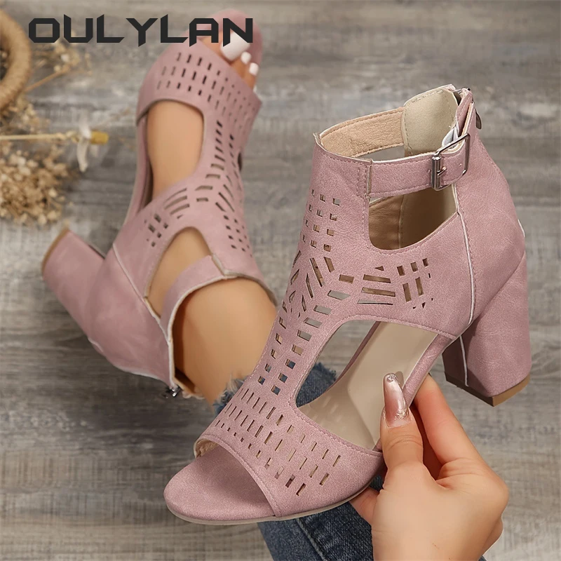 Women Heel Sandals High Quality Leather Women Shoes Comfortable Fashion Hollow Heels Rome Women Sandals Peep Toe Shoes