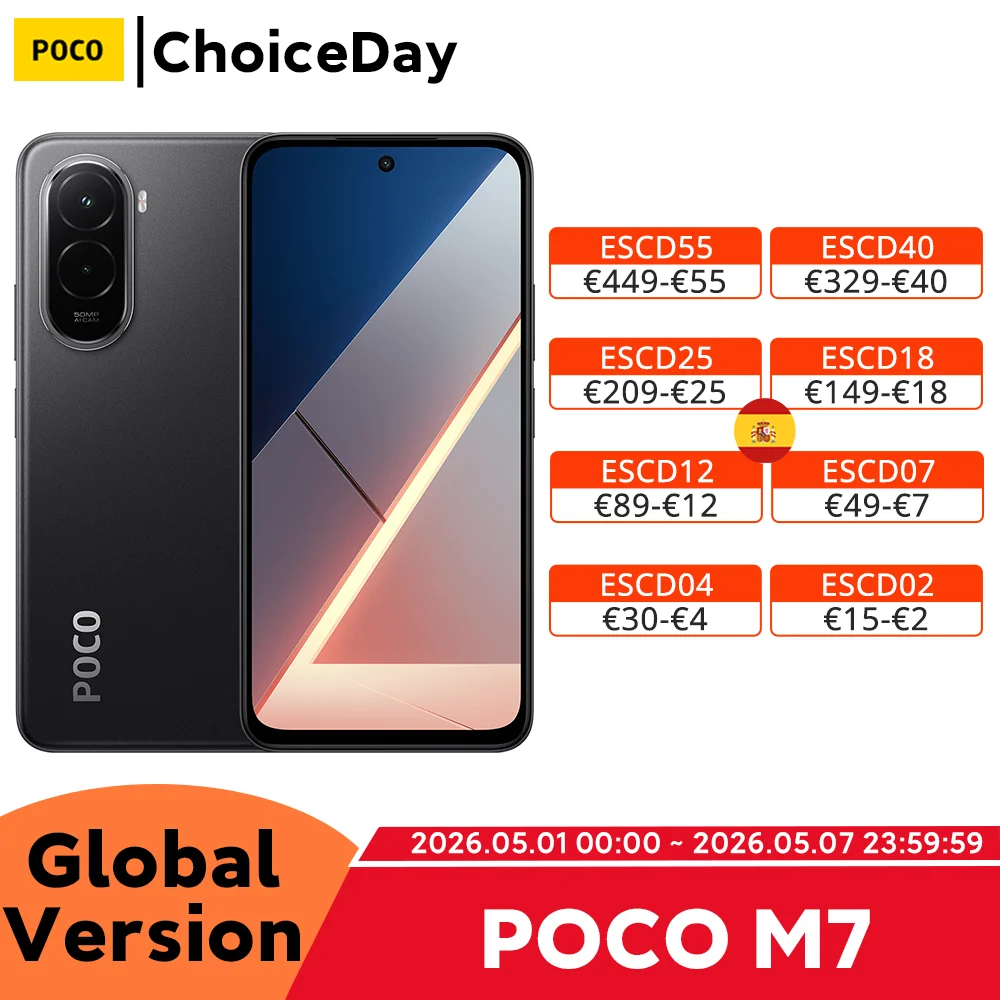 Versión global del smartphone POCO M7 Potente procesador Snapdragon 685 Pantalla FHD+ de 6,9" y 144 Hz Cámara dual con IA de 50 MP Batería de gran capacidad de 7000 mAh (típica) Carga rápida de 33 W Xiaomi HyperOS 2 NF