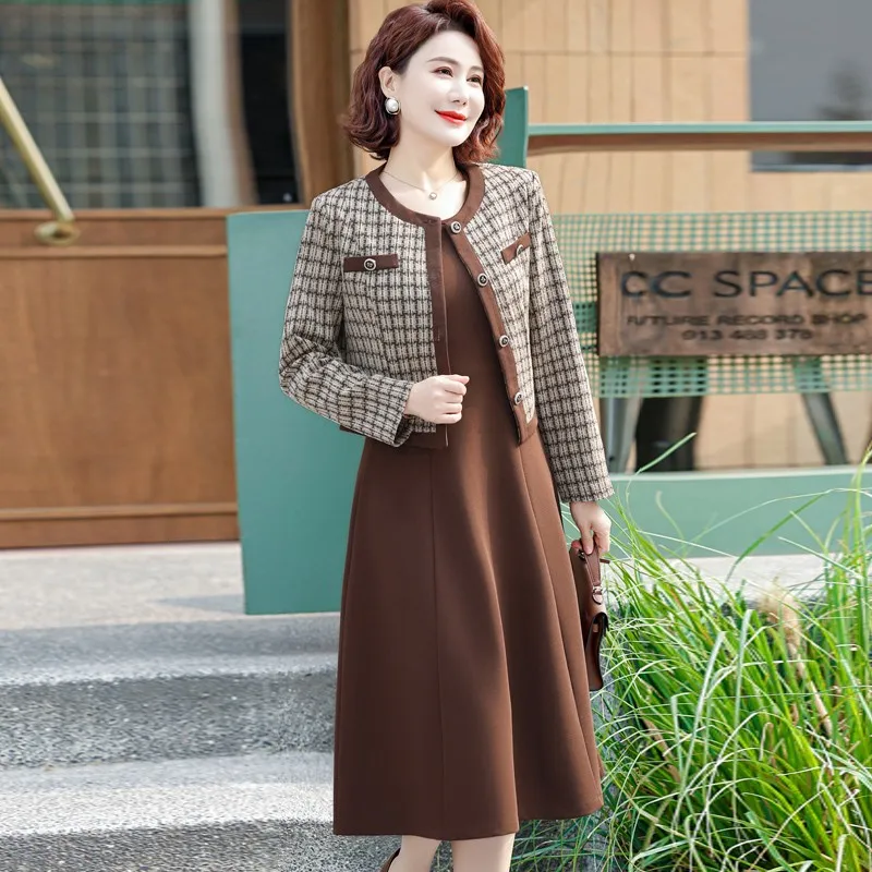 Spring Fashion Vintage Plaid Dress Sets for Women Two Piece Jacket and Pencil Skirt Suit Office Lady Outfit