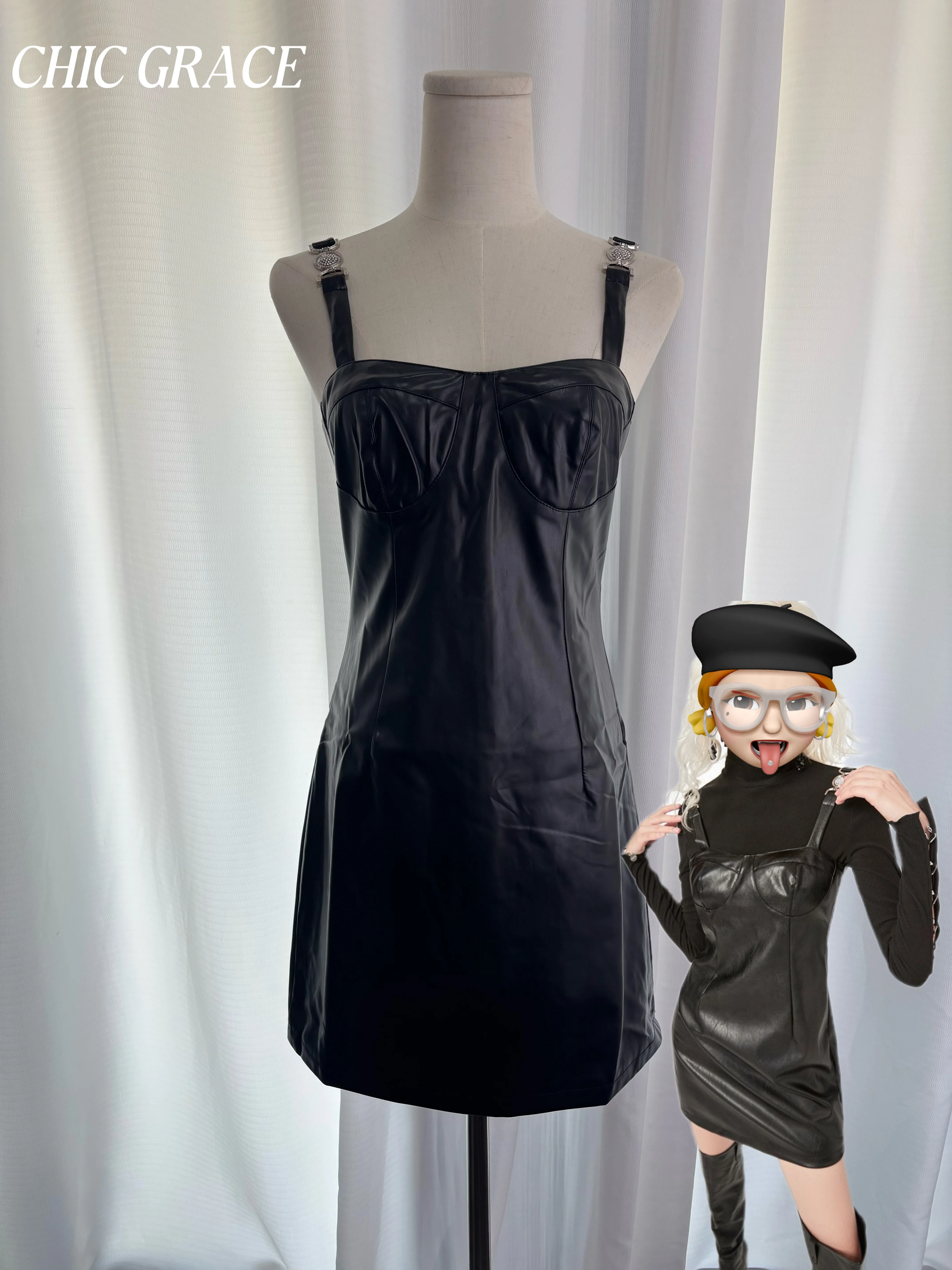 Abito Cami da donna in pelle PU americana vintage Real Shot, mini abito a trapezio snellente nero con punto a contrasto retrò, Edgy Y2K Par