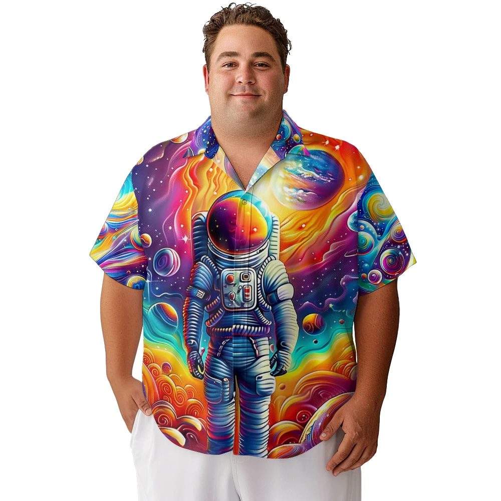 2024 new Hawaii Men's shirts plus size Anime star astronaut printed clothing casual short-sleeved