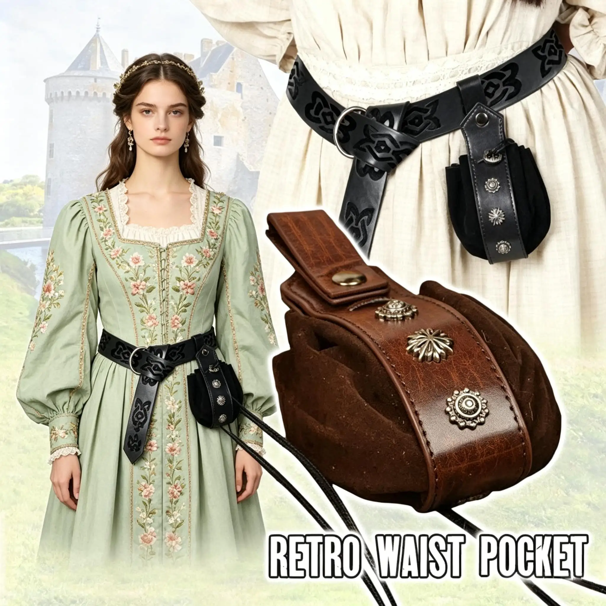 Medieval Vintage Exquisite Waist Bag Hanging Belt Purse Faux Leather Cosplay