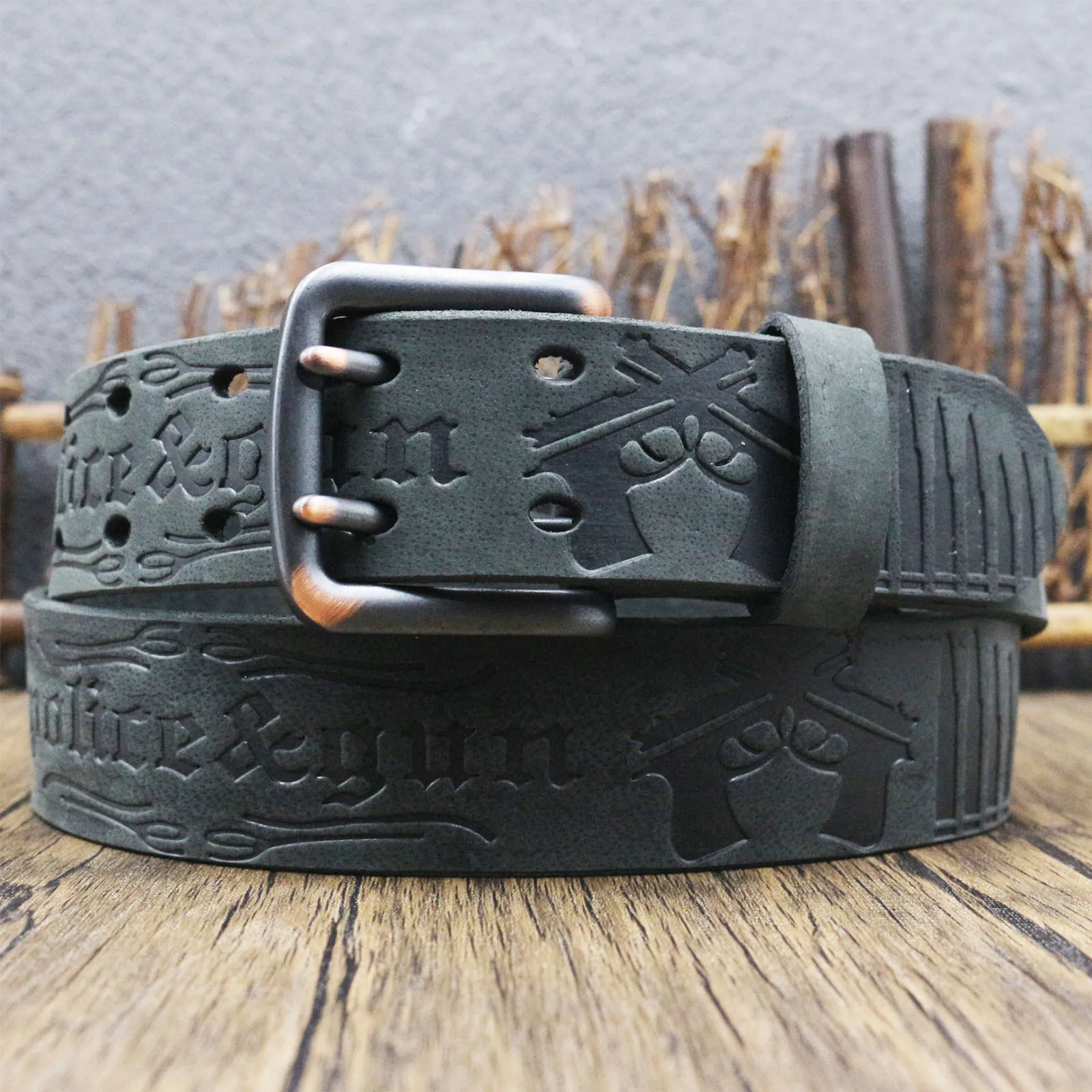 Retro Distressed Crazy Horse Leather Belt Top Grain Cowhide Men Intricate Embossed Pattern Anti‑Abrasion Strap Textured