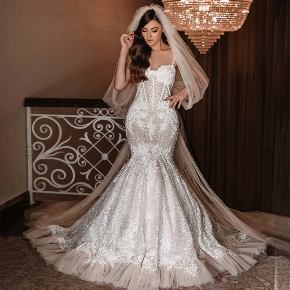 

Customized 2026 Sexy And Shiny Lace Sweetheart Mermaid Wedding Dress With Thin Shoulder Straps Sleeveless Backless Bridal Gown