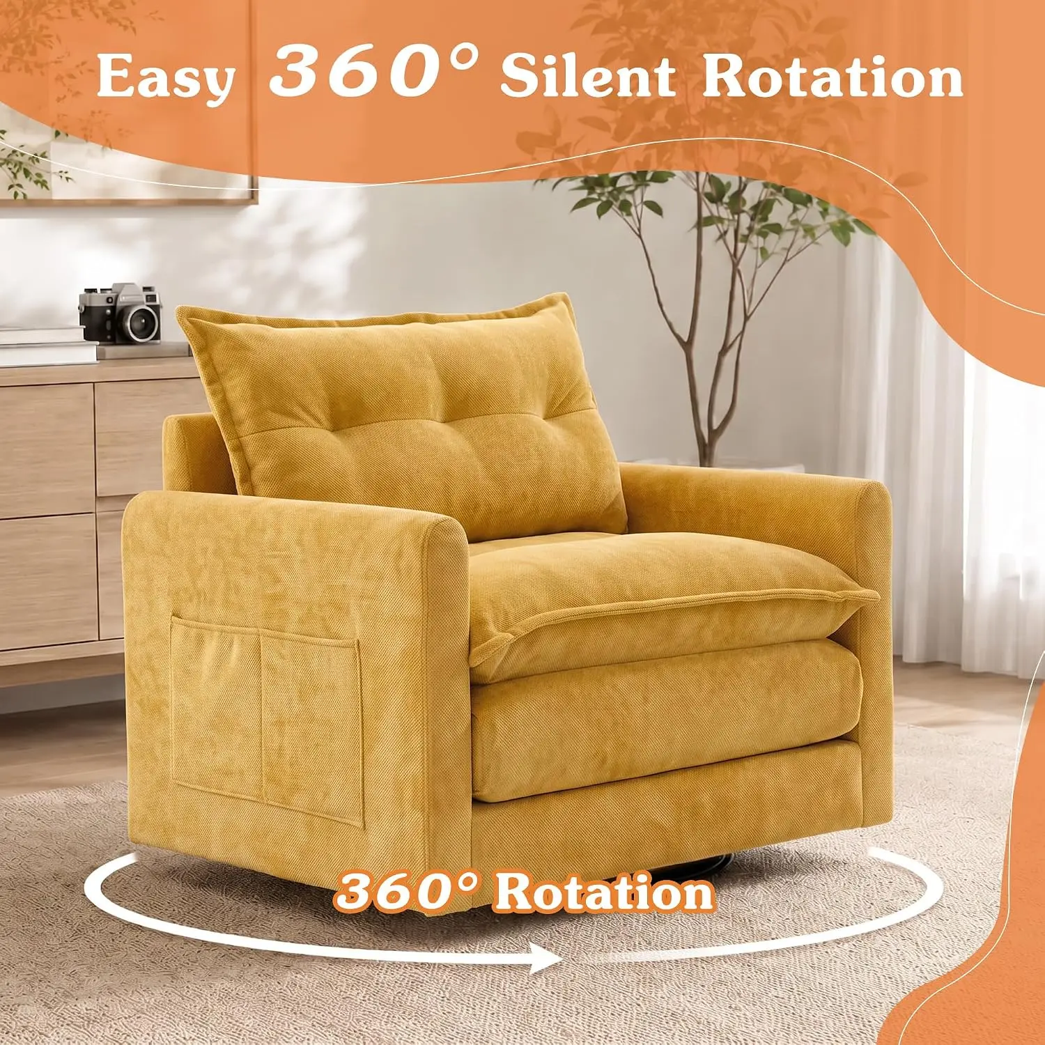 35.9" Swivel Accent Armchair,Modern 360°Chenille Swivel Accent Chair for Living Room,Swivel Chair with Cozy Soft Padded