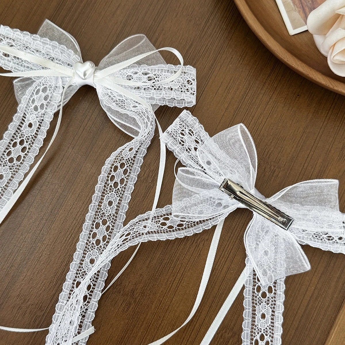 

2pc Lace Heart-shaped Pearl Bow Children Hairpin Girl Hair Clips with Long Ribbon Lace Bowknot Barrette Princess Korean Headwear