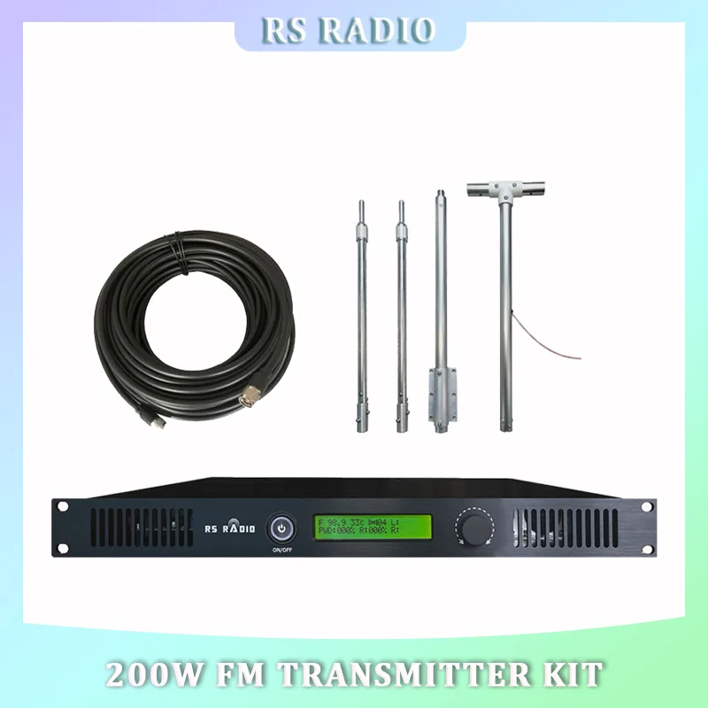 200W FM Transmitter Radio Broadcast with Antenna Cable Kit for Church, Radio Station