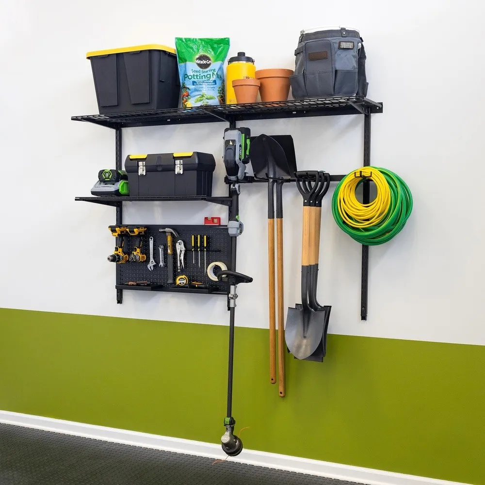 G Tool Pro Storage System Adjustable Garage Wall Mount Organizer With Pegboard & Shelf Yard Shovel Rake Holder Holds