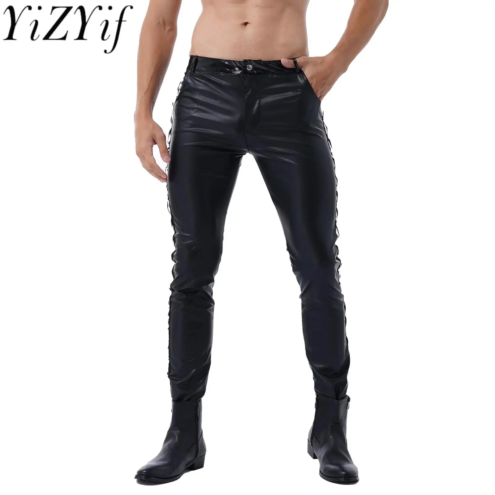 

Men Latex Leather Pants Low Waist Faux Leather Shiny Pants Fashion Tight Trousers for Club Stage Show Rock Band Performance