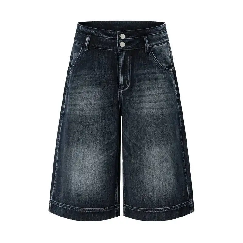 

American Men's Denim Shorts Deconstructed Double Waist Summer Buttoned Design Trendy Wide Leg Washed Cropped Jeans