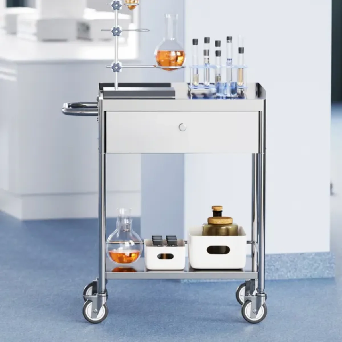Carrello medico VEVOR a 2 livelli in acciaio inossidabile - capacità 220 libbre, 360 °   Ruote e cassetto - Laboratorio/Clinico/Cucina/Salone