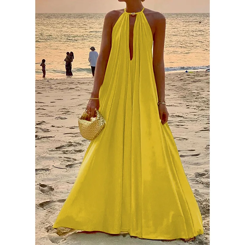 Sexy Summer Women Loose Party Dress Elegant Chic Luxurious Sleeveless Halter Celebrity Gala Guest Evening Floor Length Dress