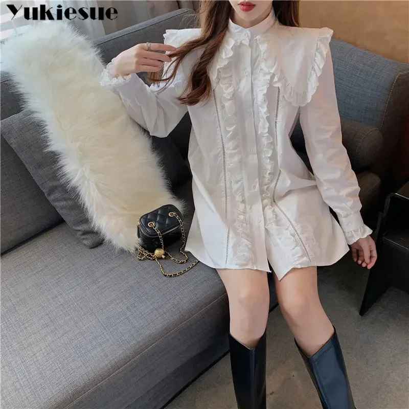 2022 ใหม่สไตล์เกาหลีฤดูใบไม้ผลิฤดูใบไม้ร่วงElegantTemperamentชุดสาวหวานTurn-Down COLLARเสื้อมินิเดรสแขนยาวกลวง