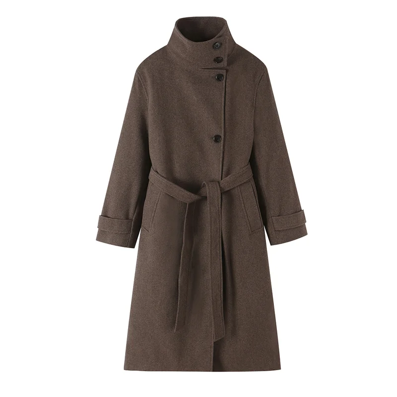 Guobioziy 2026 Fall Vintage British Style Coat Women Stand Collar Button Down Warm Outerwear With Sash For Casual Weekend