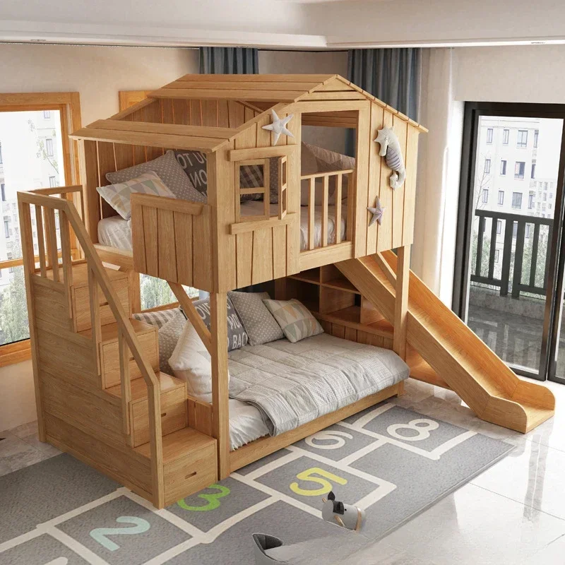 solid wood children tree house bed, double-layer high and low bunk with slide, attic secret base, mother and child princess bed.