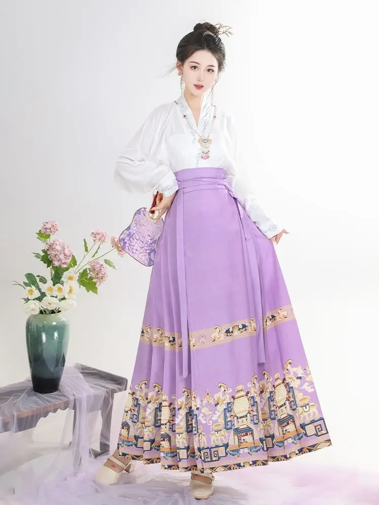 Full set of new Chinese style horse face skirt, improved Hanfu casual solid color shirt set, women's clothing 2023