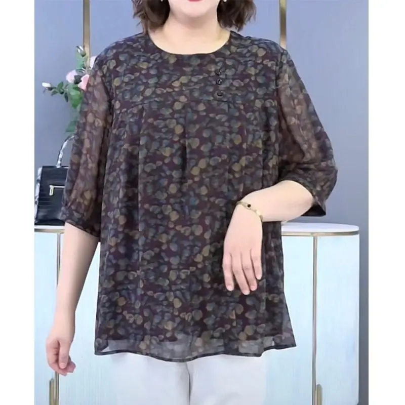 Korean Fashion Summer Women's O-Neck Print Patchwork Button Simplicity Versatile Loose Half Sleeve Mid-length Chiffon Shirt Top