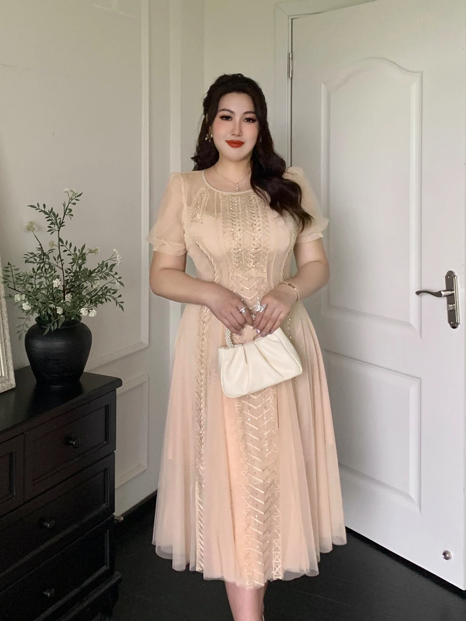 

Женское платье размера Ele больших размеров с блестящими бусинами, шифоновое кружево на талии, миди с высокой талией, ор Све круглое Ne