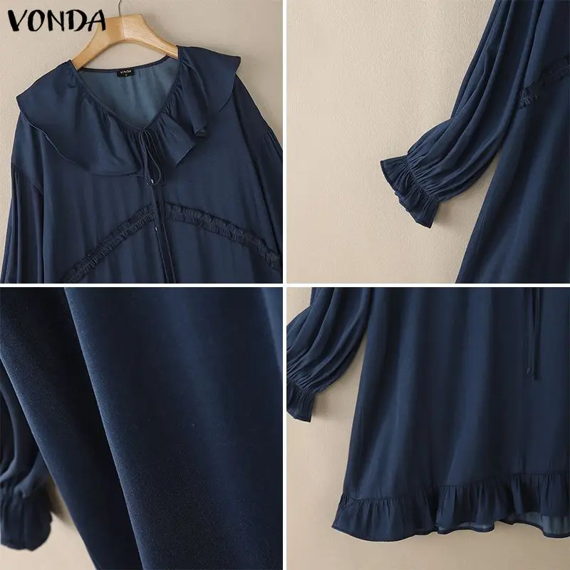 VONDA Fashion Women Ruffled Mini Dresses Long Sleeve Solid Party Sundress Spring V-Neck Casual Loose Bandage Streetwear Robe