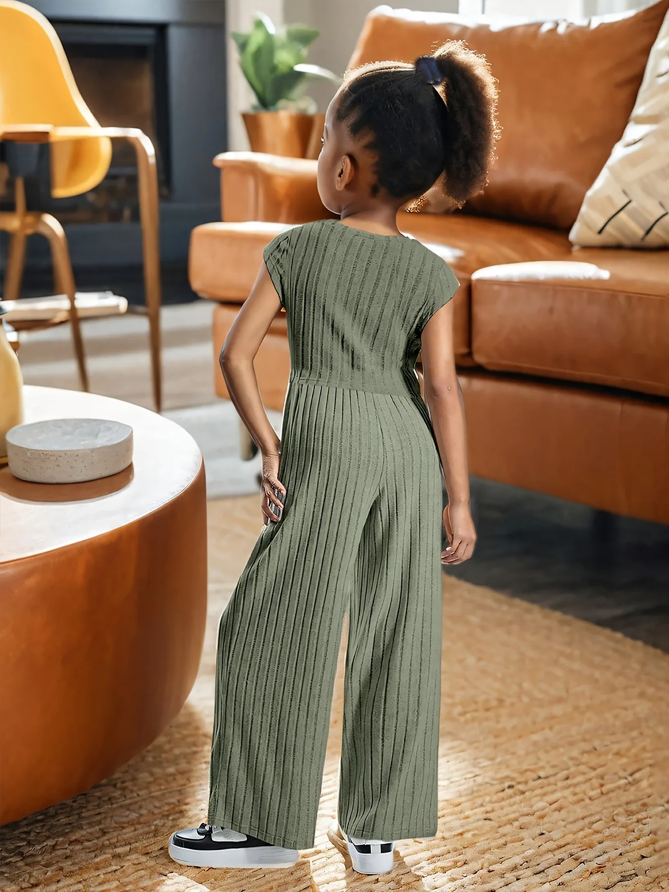 Zweiteiliges Outfit für Kinder und Mädchen, geripptes, ärmelloses Crop-Top aus Strick und Hose mit Kordelzug, hoher Taille und weitem Bein, Freizeitset – Detail 2