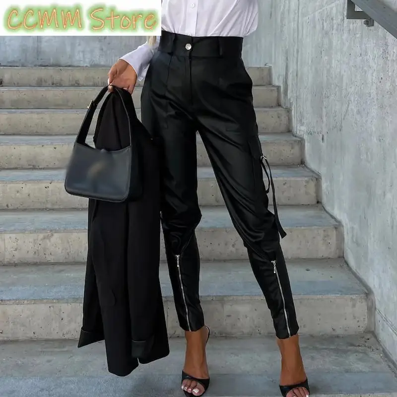 

Chic Fashion Pockets Slim Bandage Pencil Pants Winter Autumn Women Button PU Leather Pant Spring Bottoming Zip-up Split Trousers