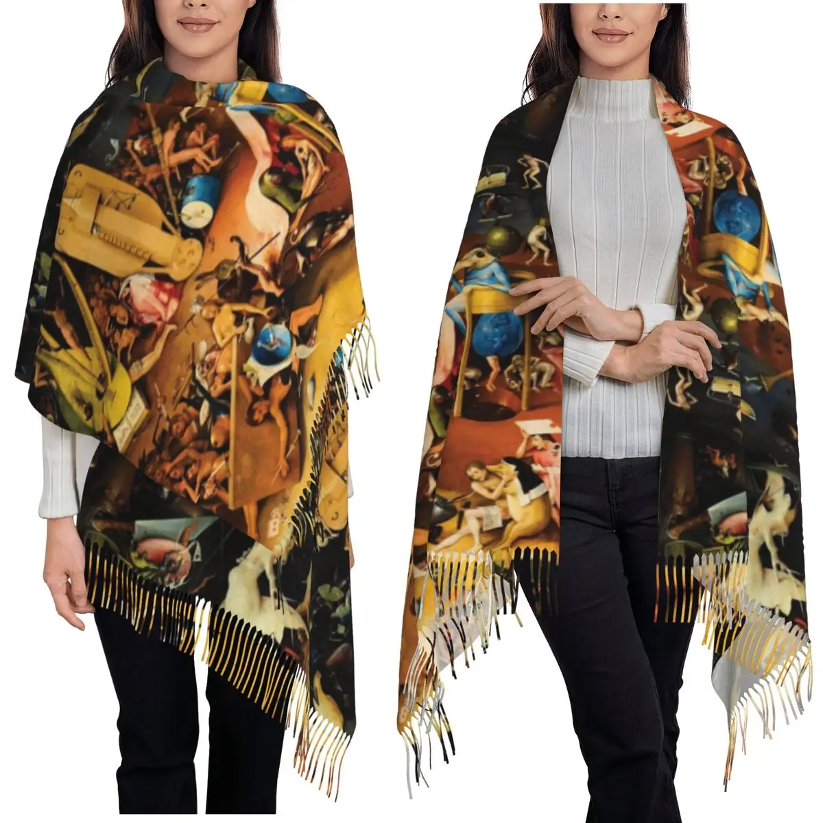 

Сад земных наслаждений Ад с иероглифом Бош Шарф Шарфы с кисточками Теплые шали и накидки Большая осенне-зимняя шаль