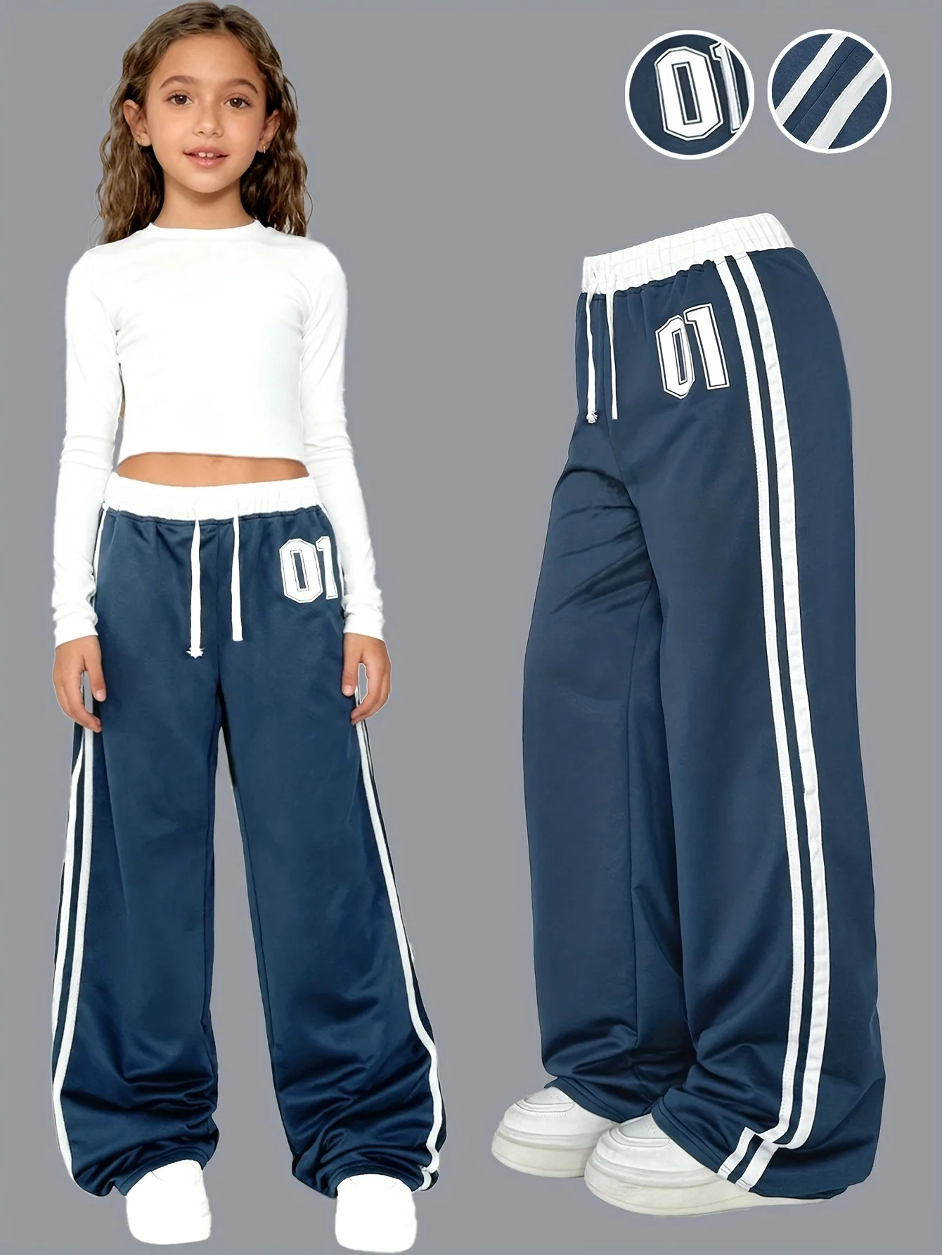 Mädchen Weite Jogginghose Nummer 01 mit Aufdruck Seitenstreifen Elastischer Kordelzug Kinder Lässige Sportliche Hose