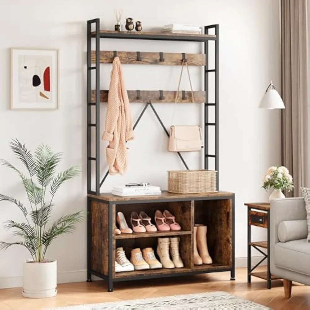 

Coat Rack, Industrial Hall Tree with 3 Cubbies and 8 Hooks, Freestanding Entryway Coat Rack with Shoe Storage for Living Room
