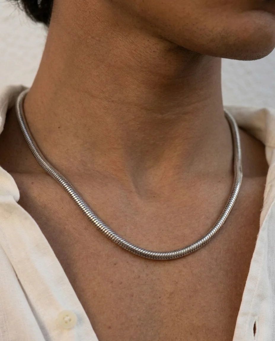 Men's Trendy Titanium Steel Flat Snake Bone Chain Necklace Minimalist Hip Hop Basic Solid Cold Style Versatile Women's Jewelry
