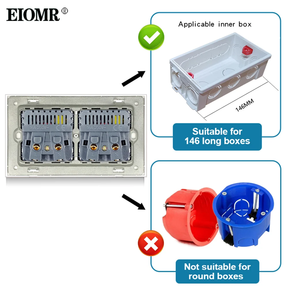 EIOMR EU Power Socket with USB for Phone Charge, Crystal Glass Panel AC 110~220V Standard Socket 146*86mm Multi Way Power Socket