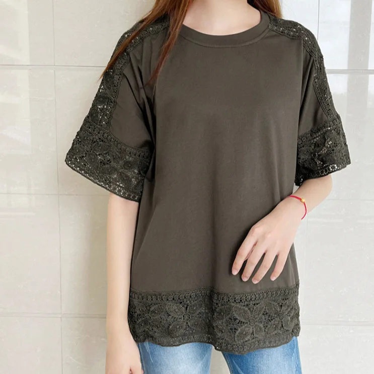 2024 Summer Solid Color Loose Fitting Pullover Five Quarter Sleeve Round Neck T-shirt Top For Women