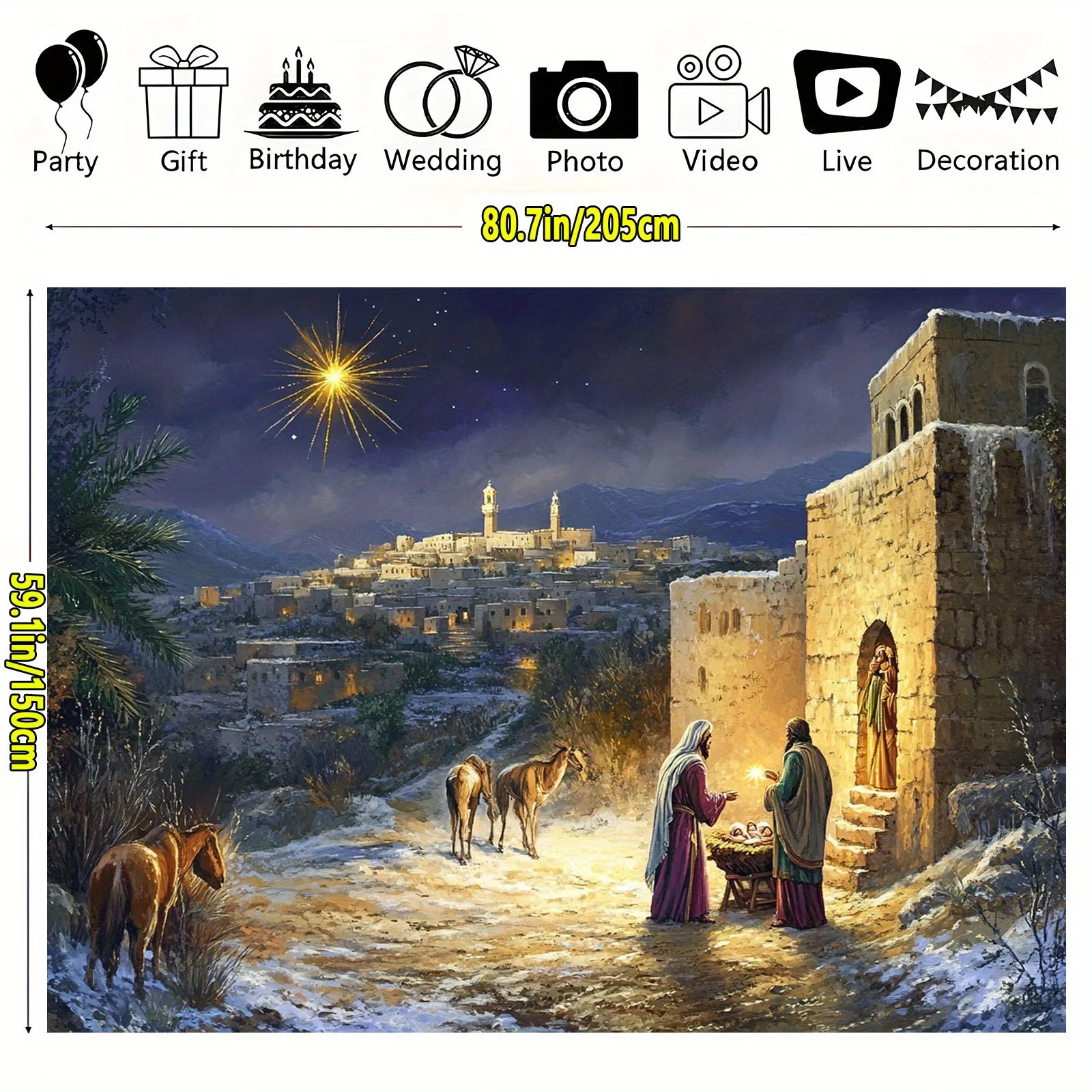 1pc Self-Lit Nativity Scene Tapestry with Warm Glow Lighting - No Batteries/Electricity, Starry Night Bethlehem Stable with Mary