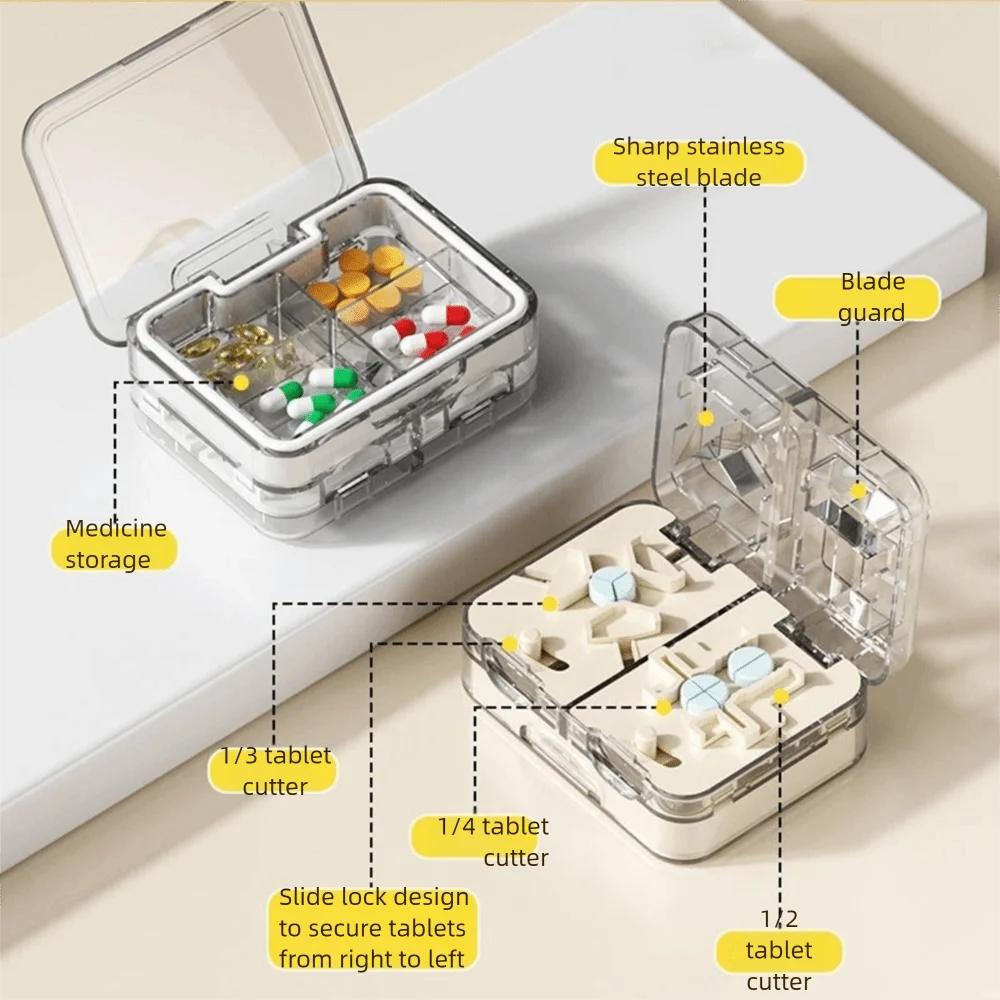 Multifunctional Plastic Double-Layer Pill Box Moisture-proof Sealed Pill Crusher with Pill Cutter Pill Splitter