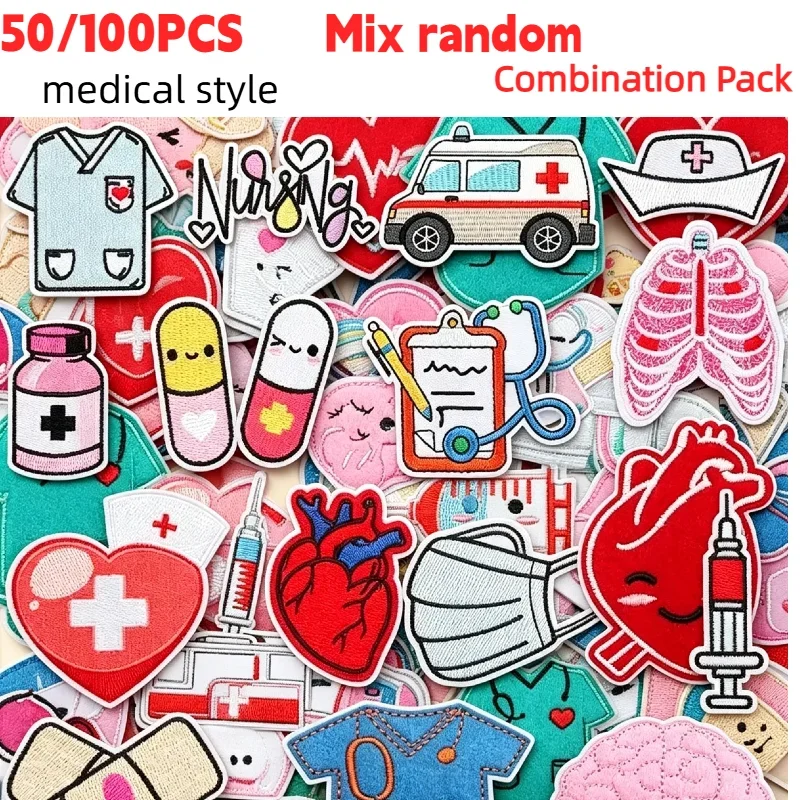 Cartoon Medical Equipment Mix Random Embroidered 50/100Pcs Patches, Iron on Hippie Retro Appliques for DIY Clothes Bags Hats