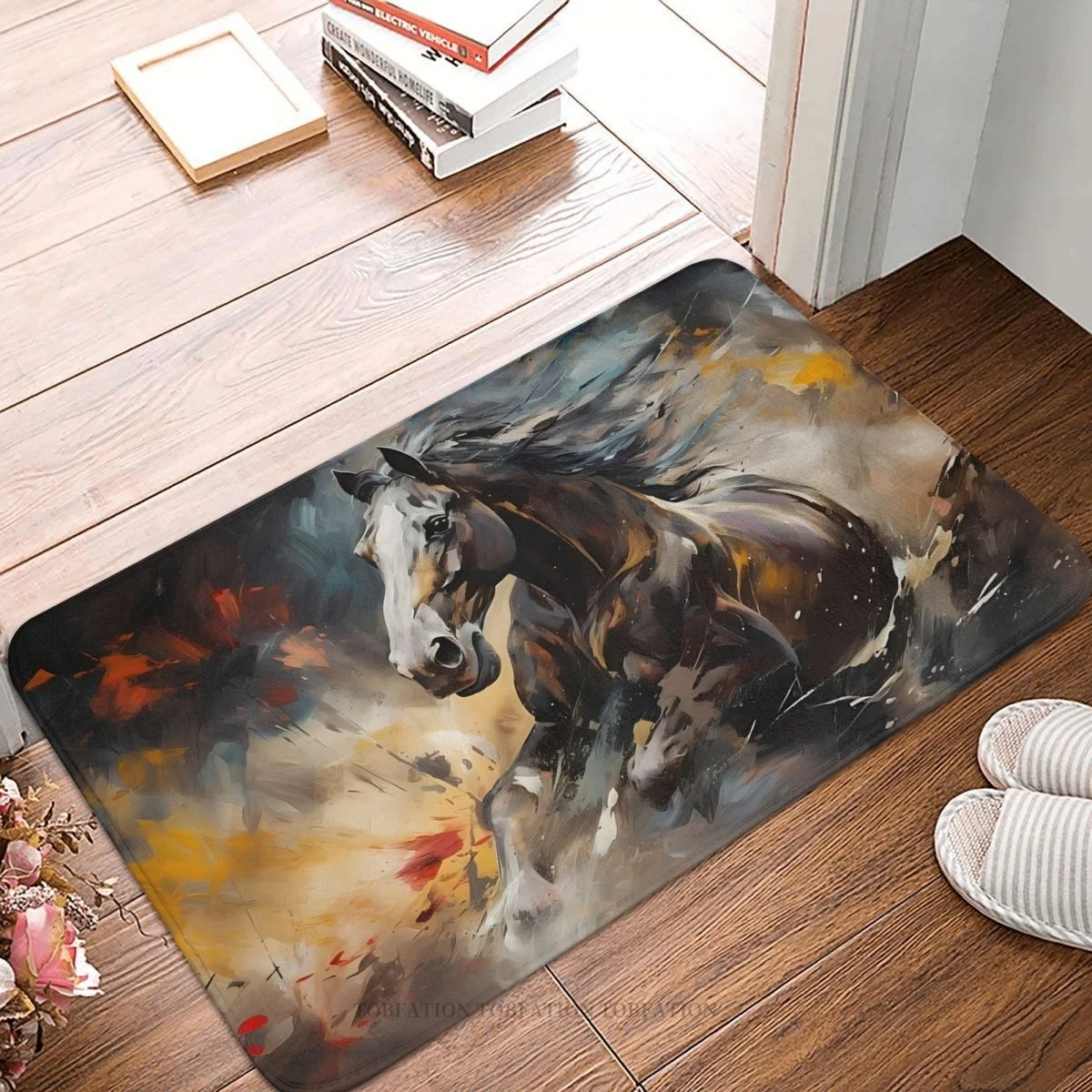 Galloping Horses Non-slip Doormat Kitchen Mat Metal Elements Black Horse Balcony Carpet Entrance Door Rug Indoor Decor