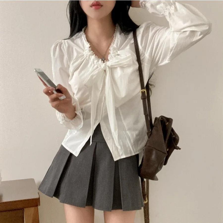 

Romantic Fragrance Korean Style Shirt with Lace Knot Collar Long Sleeve Bell Sleeve Top for Women Spring 2026