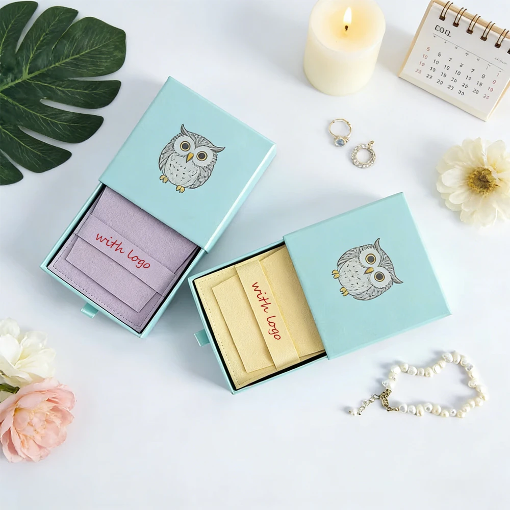 

24set Custom Logo 7x7x2.5cm Jewelry Paper Drawer Boxes Slide Earring Necklace Packaging Storage Case Wedding Gift Microfiber Bag