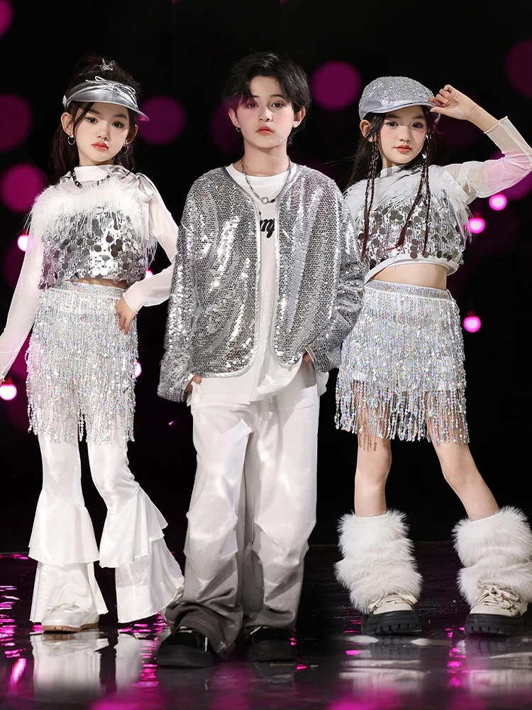 

Student Concert Stage Costume Kids Sequin Jazz Dance Clothes Girls Festival Clothing Boys Hip Hop Performance Outfits BL14231