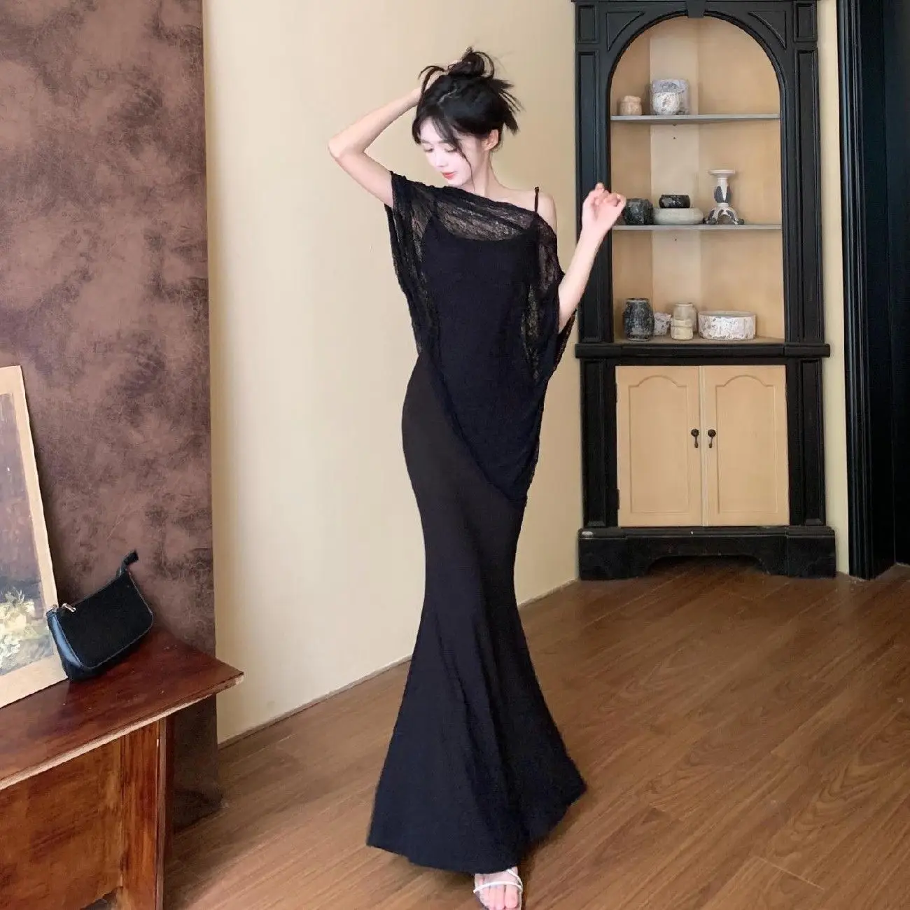 Sweet & Hot Style Slip Dress Set with Sun Protection Cape, Women's Bodycon Fishtail Midi Dress & Cover Up for Spring Summer