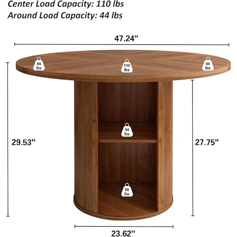 47 inch Round Dining Table for 4, Kitchen Table Dinner Table with 2-Layer Storage Shelf and Wood Slide Door for Home Dining Room